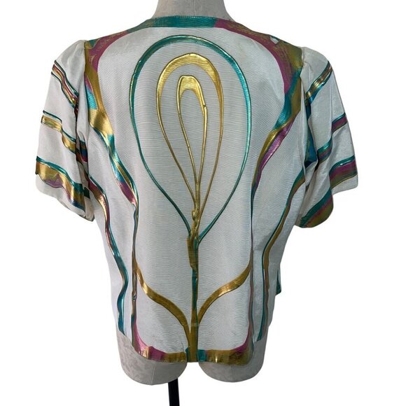 Terry Toni Vintage Womens Jacket Size Medium White Hand Painted Short Sleeve - Picture 2 of 10